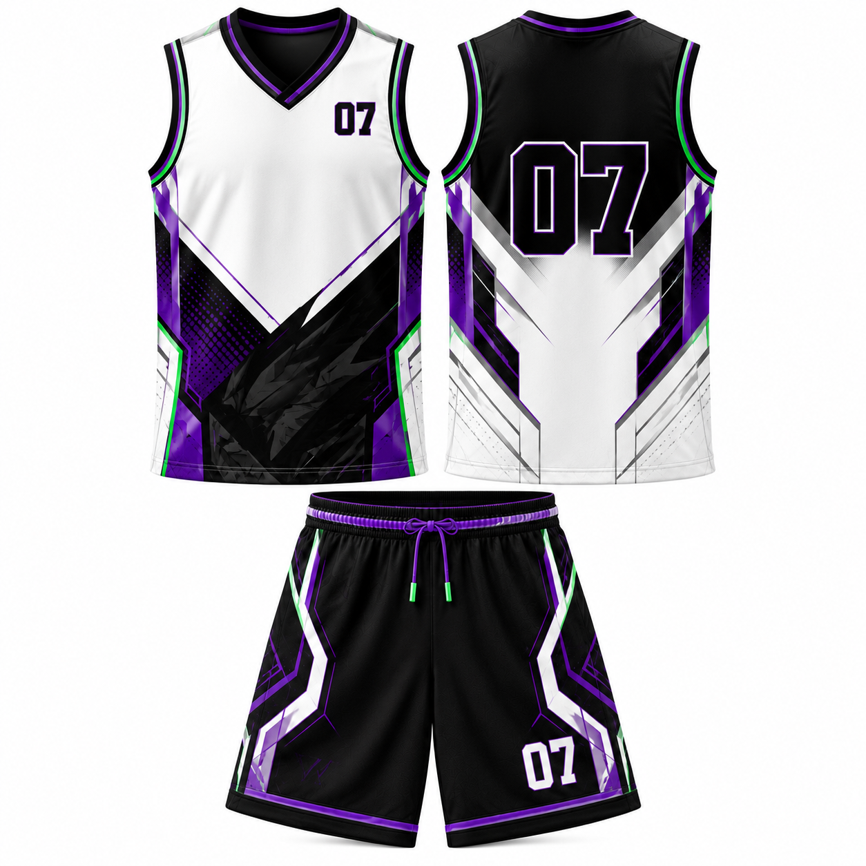Men’s Breathable Performance Mesh Polyester Basketball Uniform – Black Purple White No. 07 Jersey & Shorts