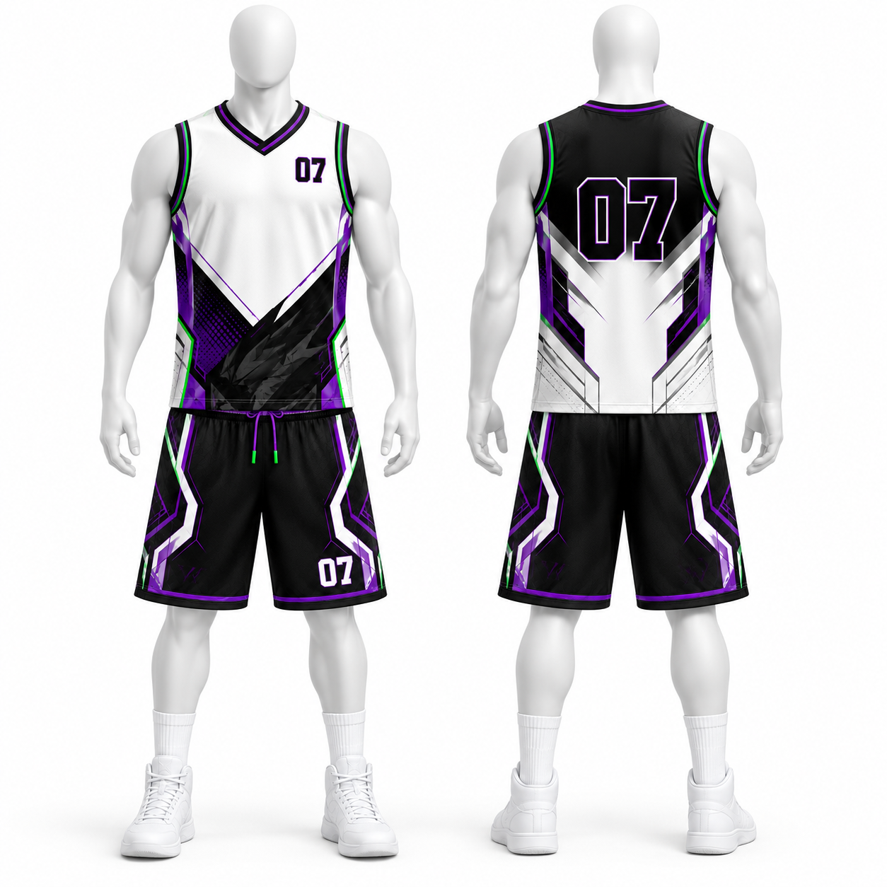 Men’s Breathable Performance Mesh Polyester Basketball Uniform – Black Purple White No. 07 Jersey & Shorts image 2