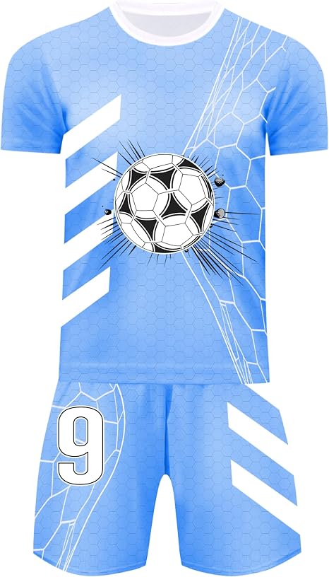 Sky Blue Polyester Soccer Jersey & Shorts Set