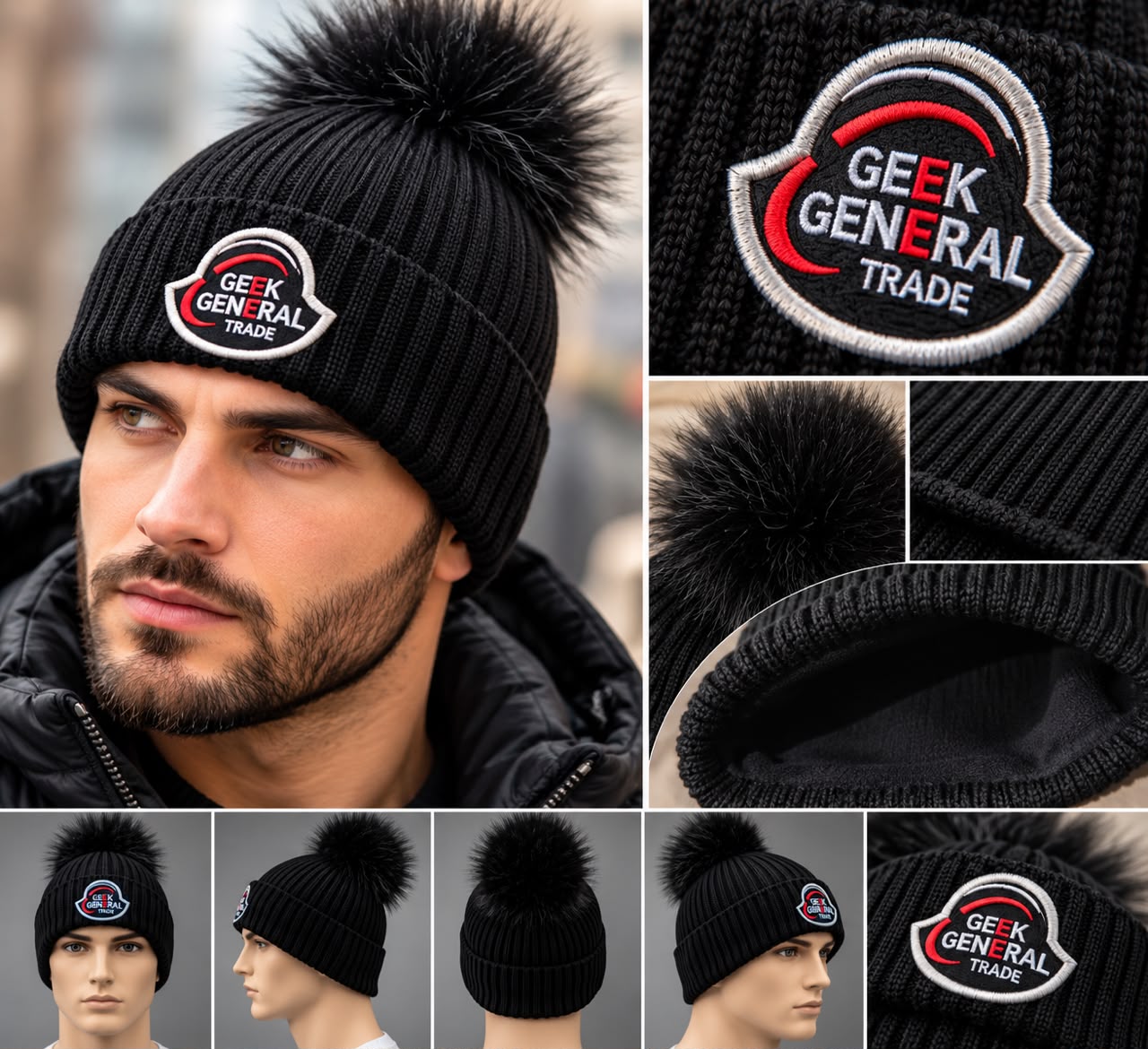 Custom Embroidered Pom Pom Beanie | Premium Ribbed Knit Winter Hat with Faux Fur Pom | Custom Logo Beanie Manufacturer