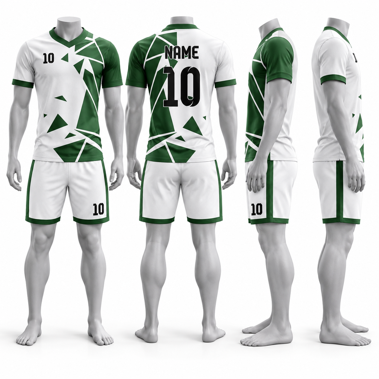 White & Forest Green Polyester Soccer Jersey and Shorts Set image 2