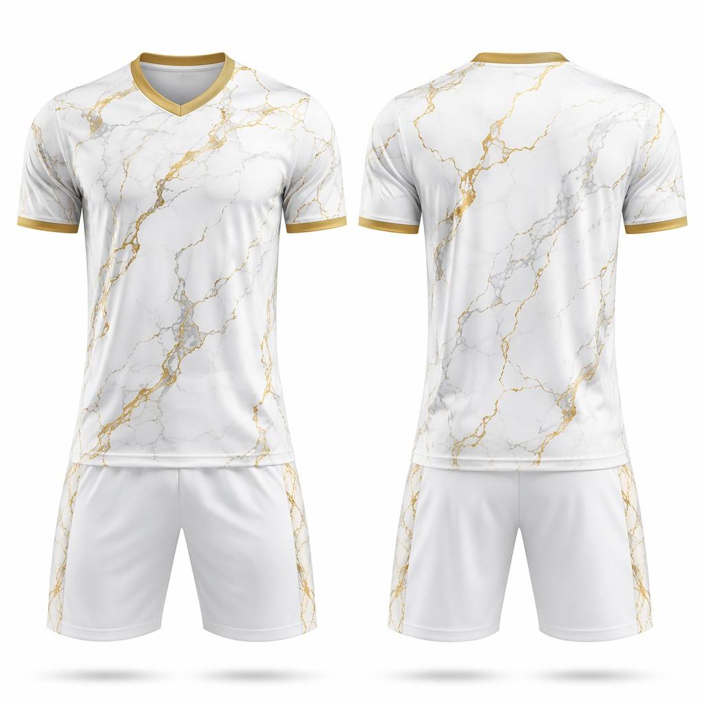 White & Gold Marble Polyester Soccer Jersey and Shorts Set