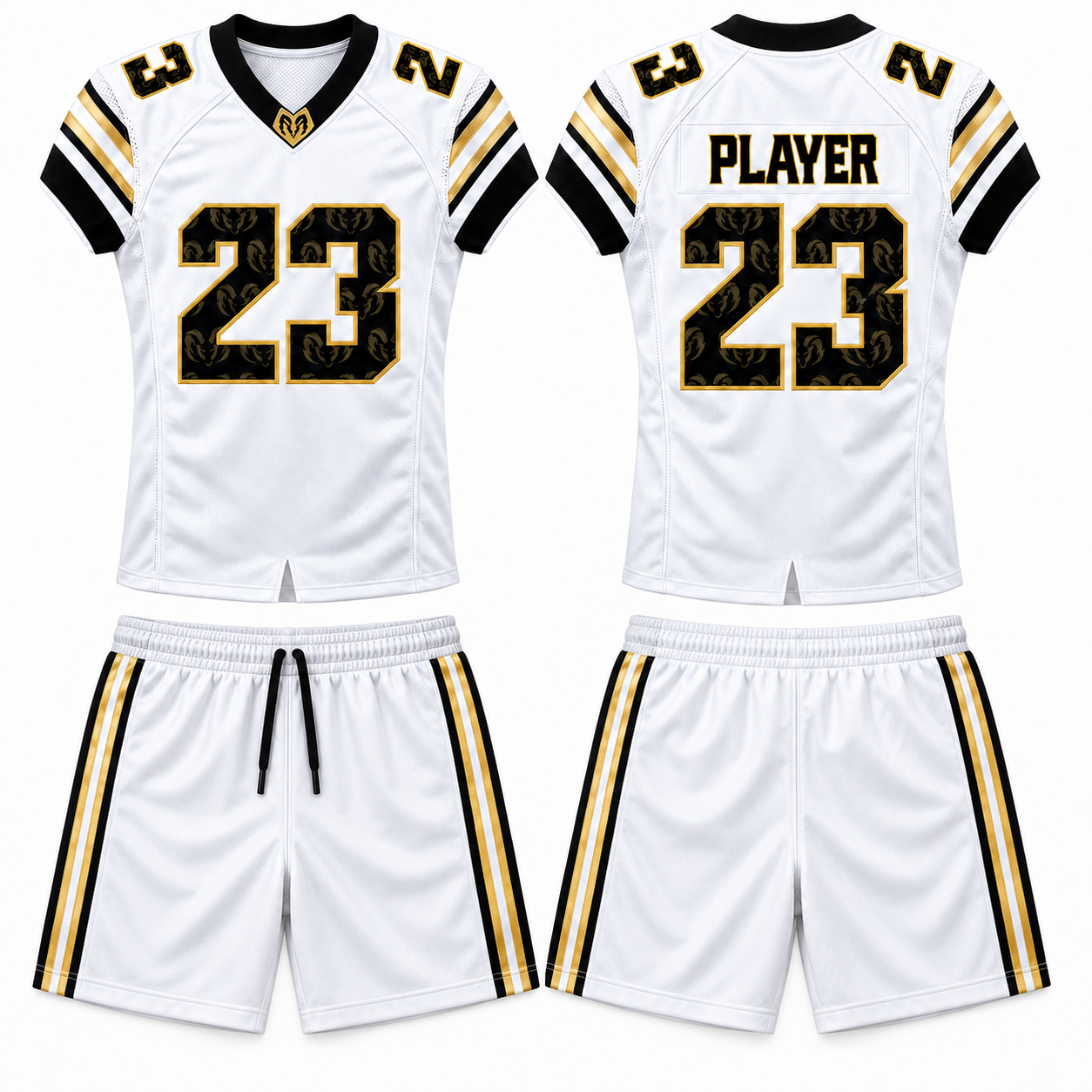 White, Black & Gold Polyester American Football Jersey and Shorts Set