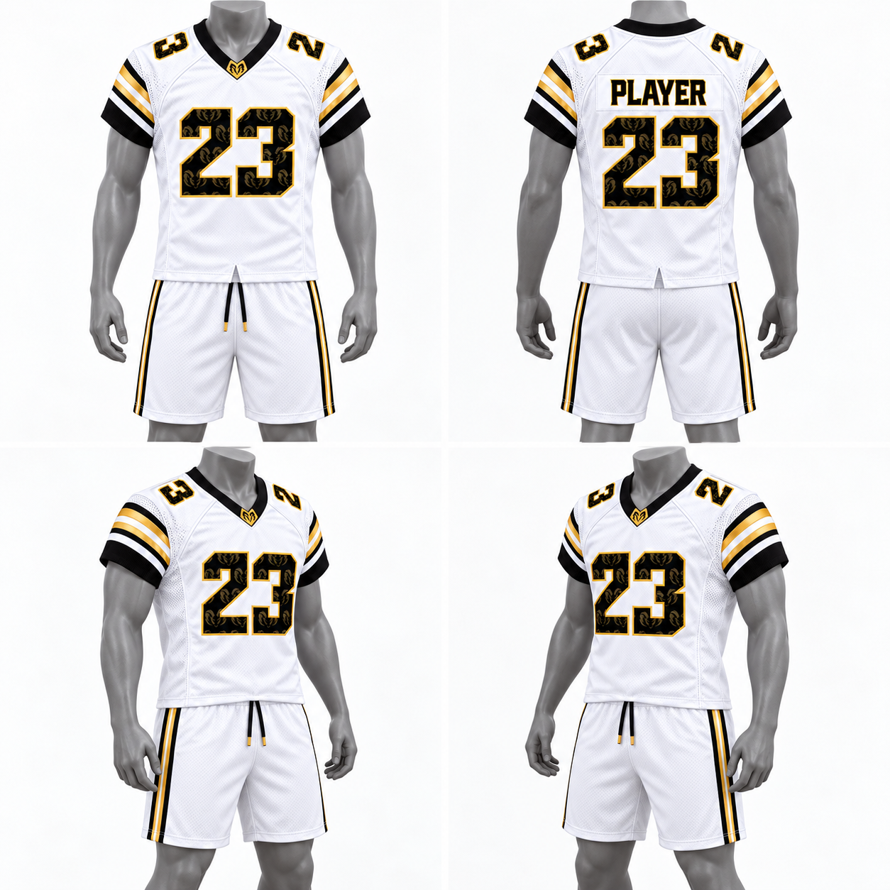White, Black & Gold Polyester American Football Jersey and Shorts Set image 2