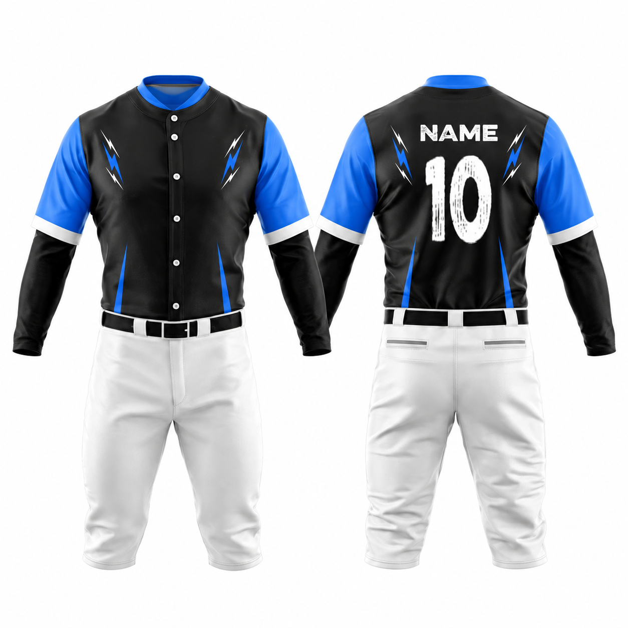 Custom Polyester Baseball Uniform Set – Black & Royal Blue Jersey with White Pants