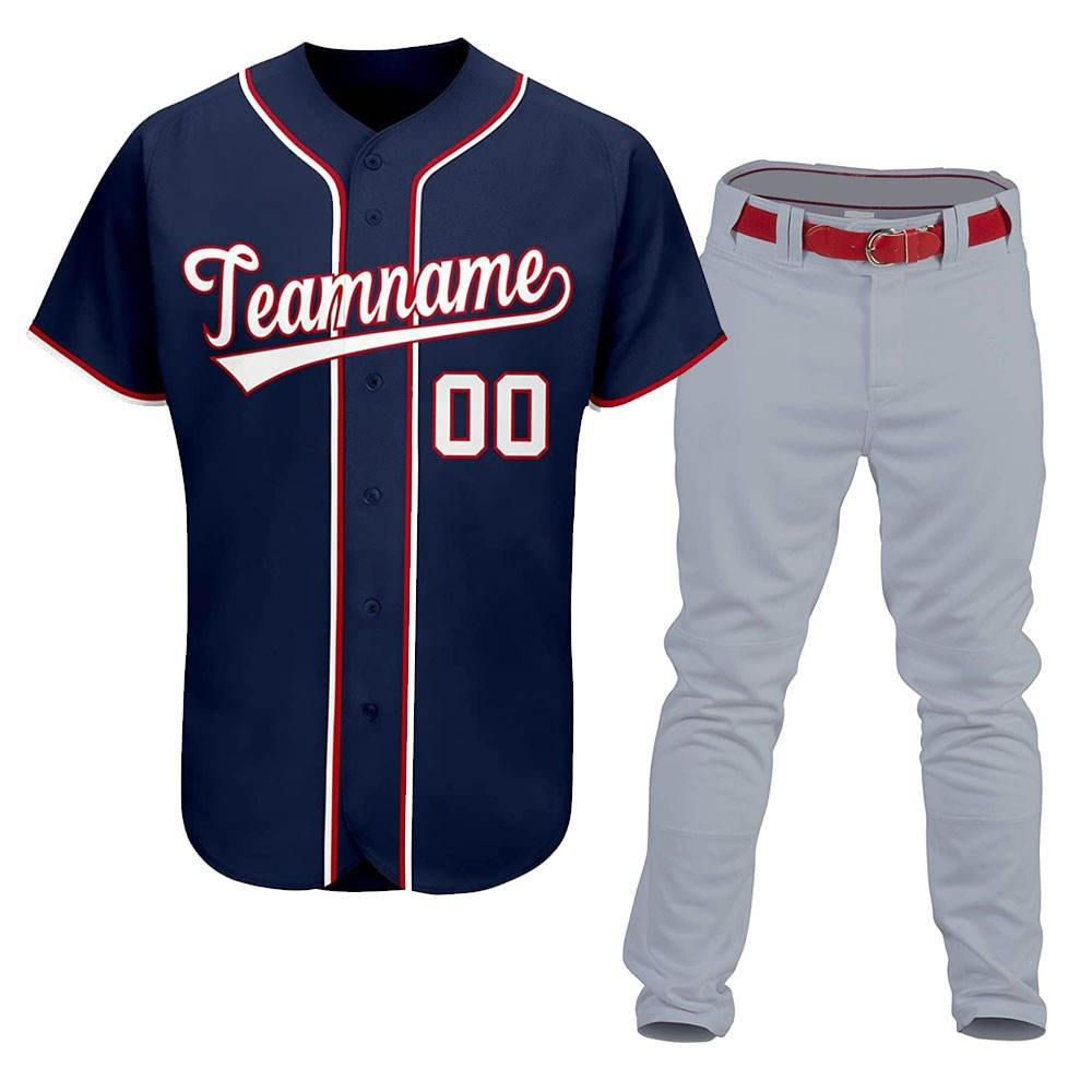Custom Polyester Baseball Team Kit – Navy Button-Up Jersey & Grey Pants