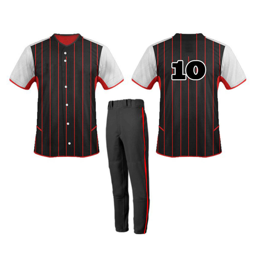 Polyester Pinstripe Baseball Uniform – Black & Red Jersey with Matching Pants