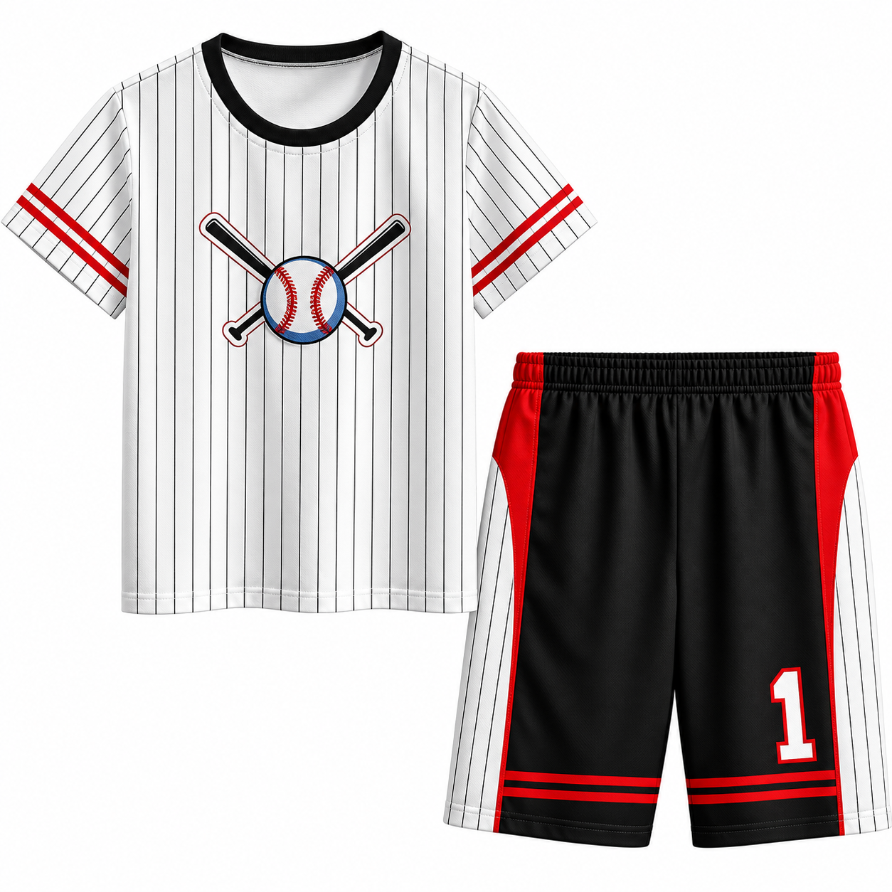 Kids Polyester Baseball T-Shirt & Shorts Set – White Pinstripe with Black & Red