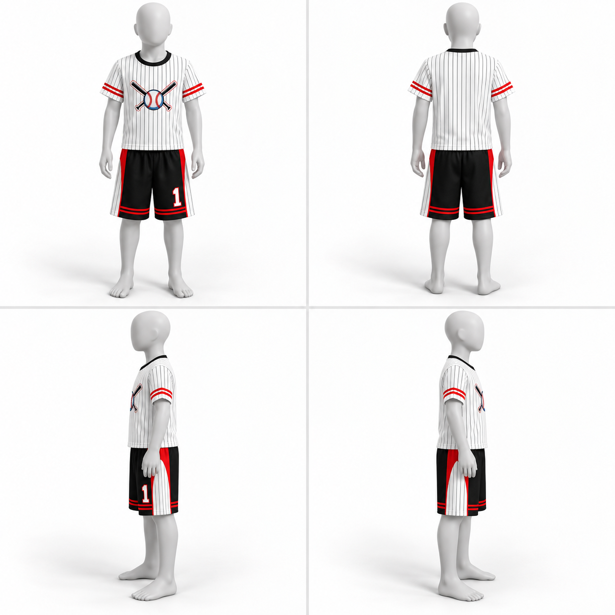 Kids Polyester Baseball T-Shirt & Shorts Set – White Pinstripe with Black & Red image 2