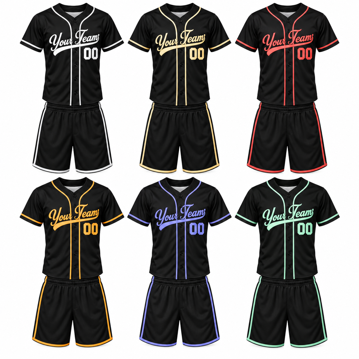 Custom Polyester Baseball Jersey & Shorts Set – Black with Six Contrast Trim Options