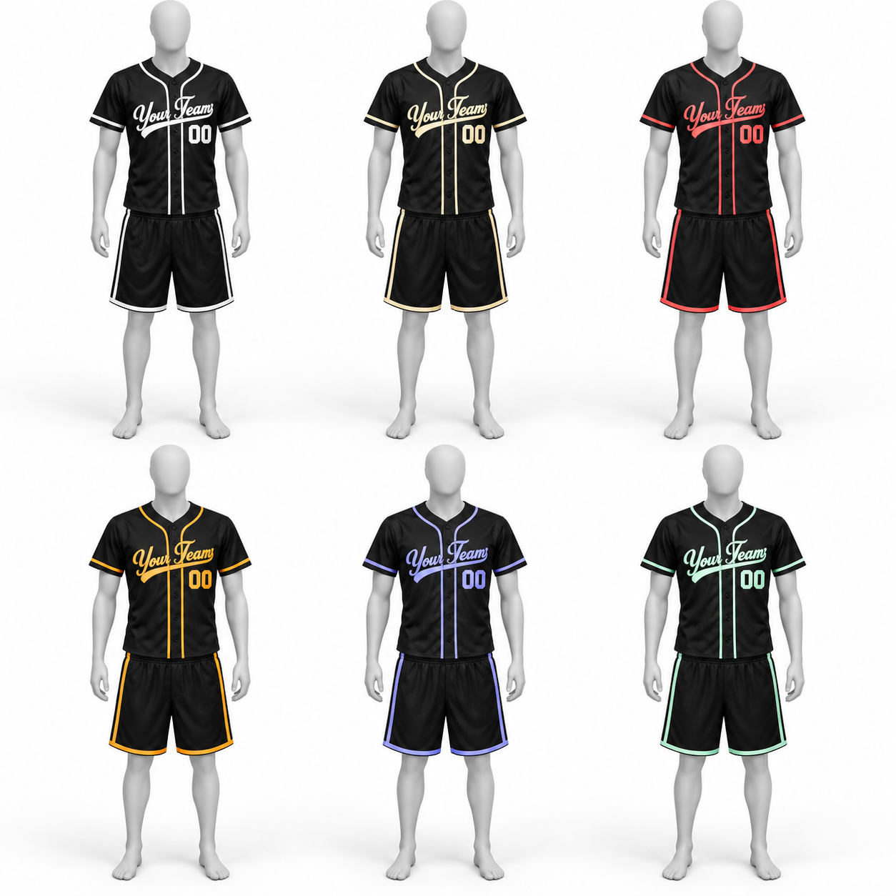 Custom Polyester Baseball Jersey & Shorts Set – Black with Six Contrast Trim Options image 2