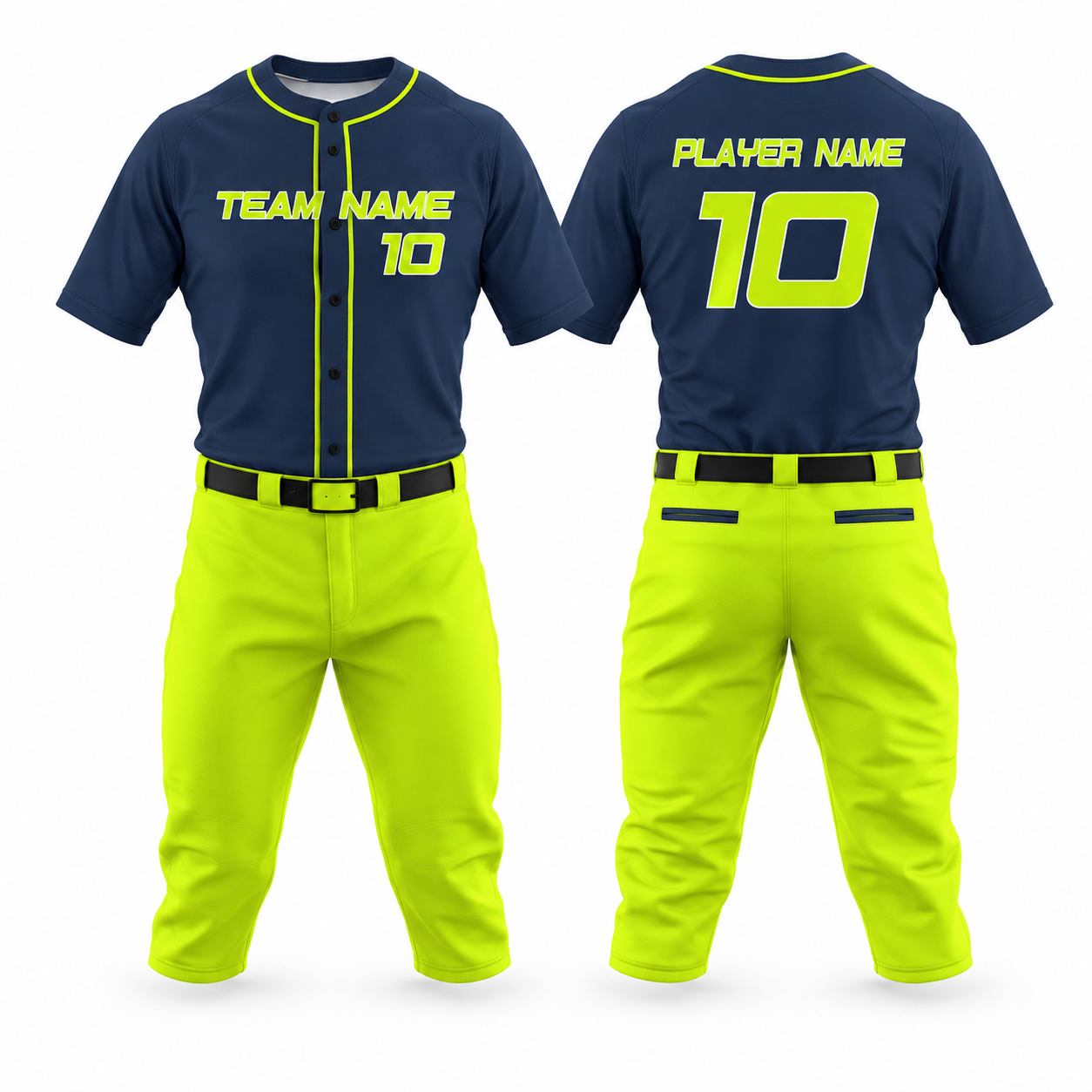 Custom Polyester Baseball Uniform – Navy Jersey & Neon Lime Pants