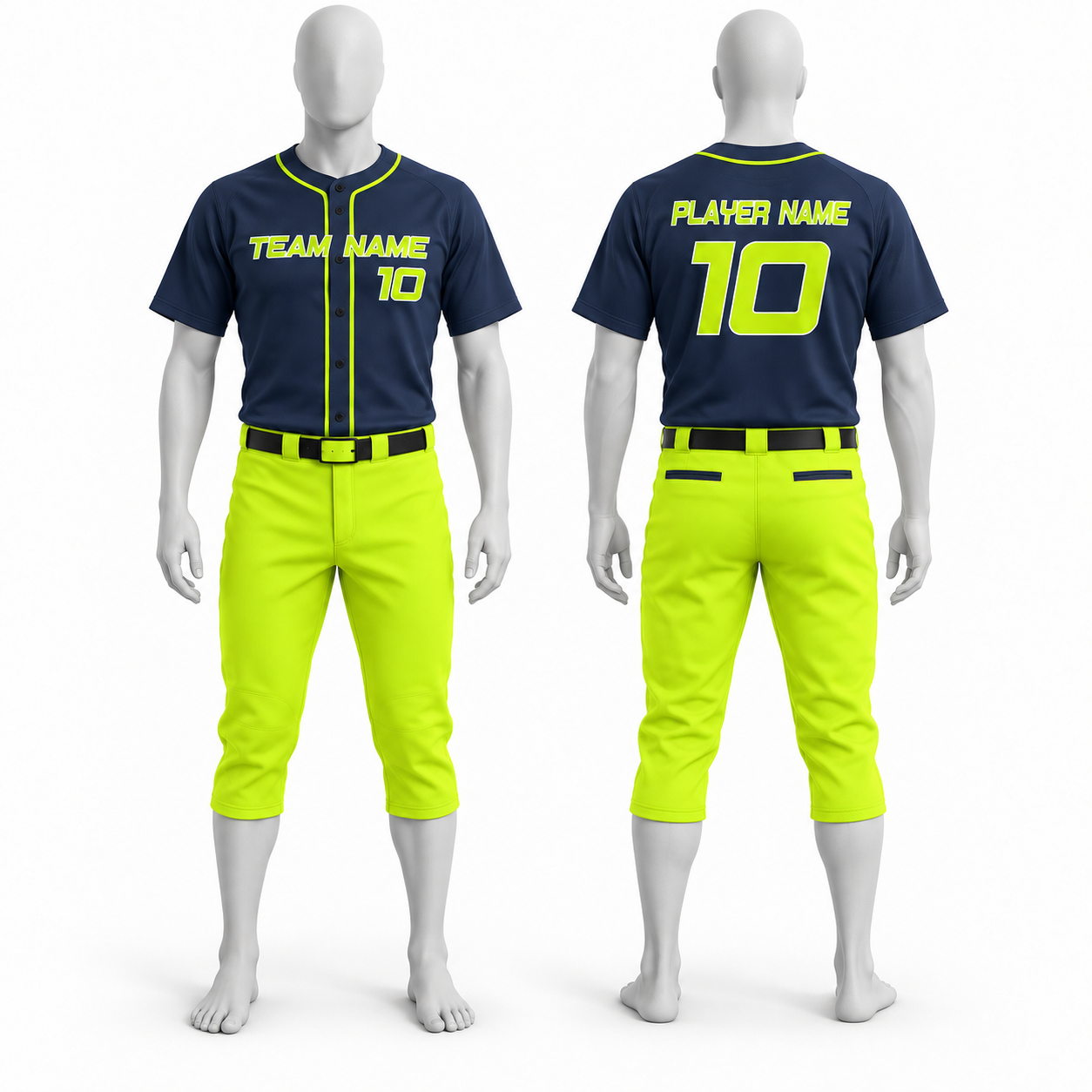 Custom Polyester Baseball Uniform – Navy Jersey & Neon Lime Pants image 2