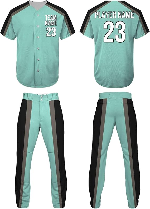 Custom Polyester Baseball Uniform Set – Mint Green Jersey & Black Panel Pants