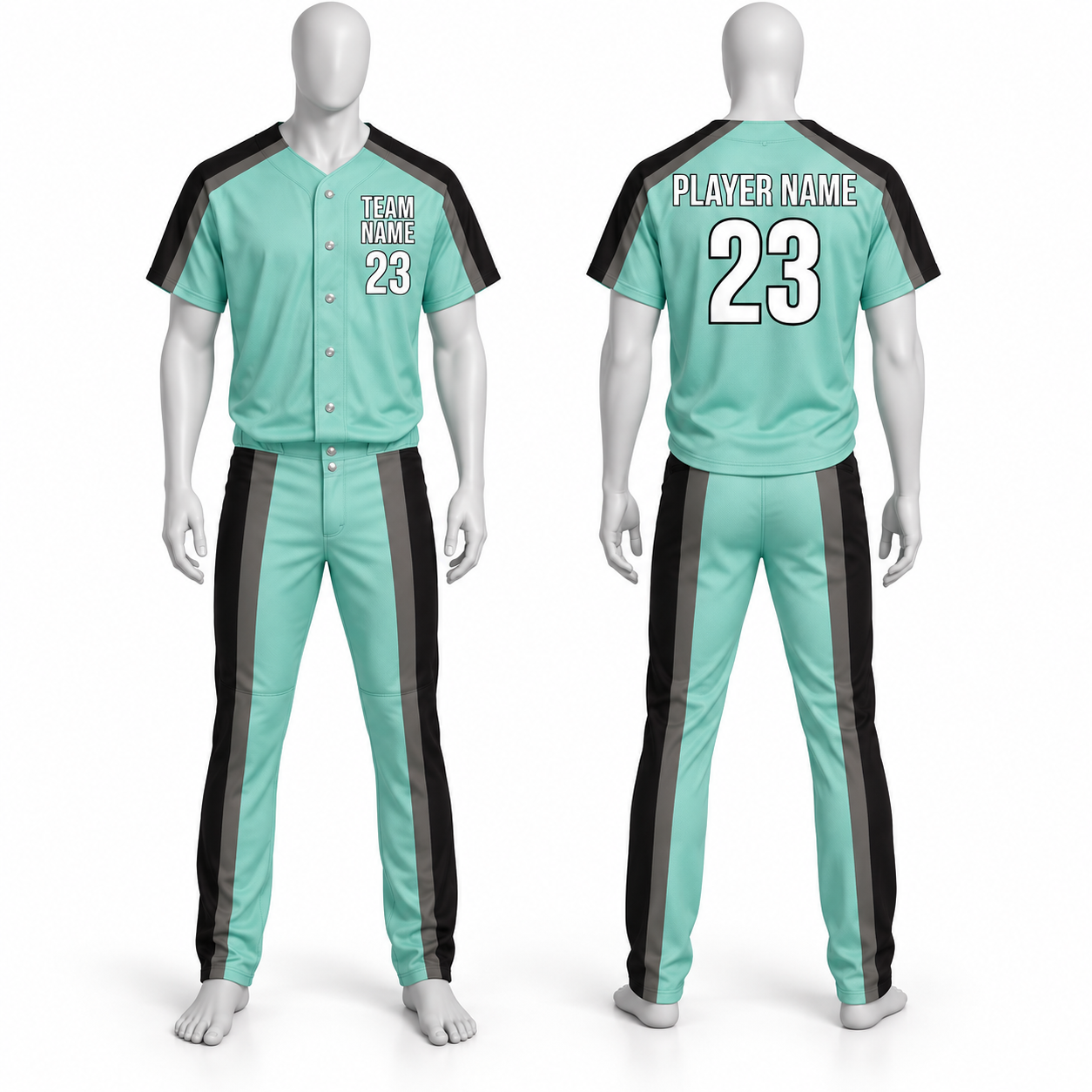 Custom Polyester Baseball Uniform Set – Mint Green Jersey & Black Panel Pants image 2