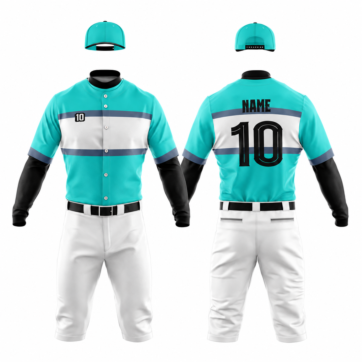 Custom Polyester Baseball Uniform – Turquoise Stripe Jersey & White Pants