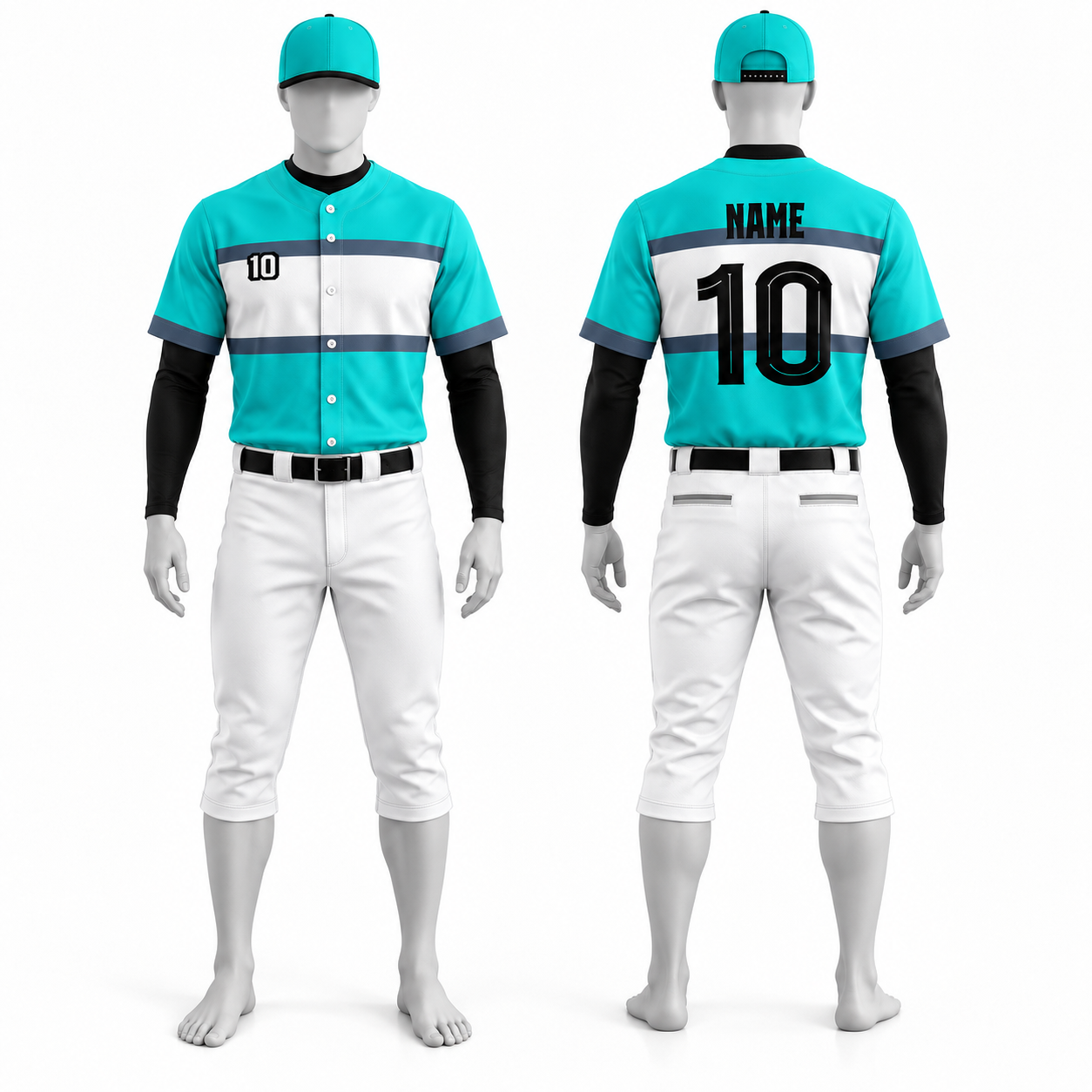 Custom Polyester Baseball Uniform – Turquoise Stripe Jersey & White Pants image 2