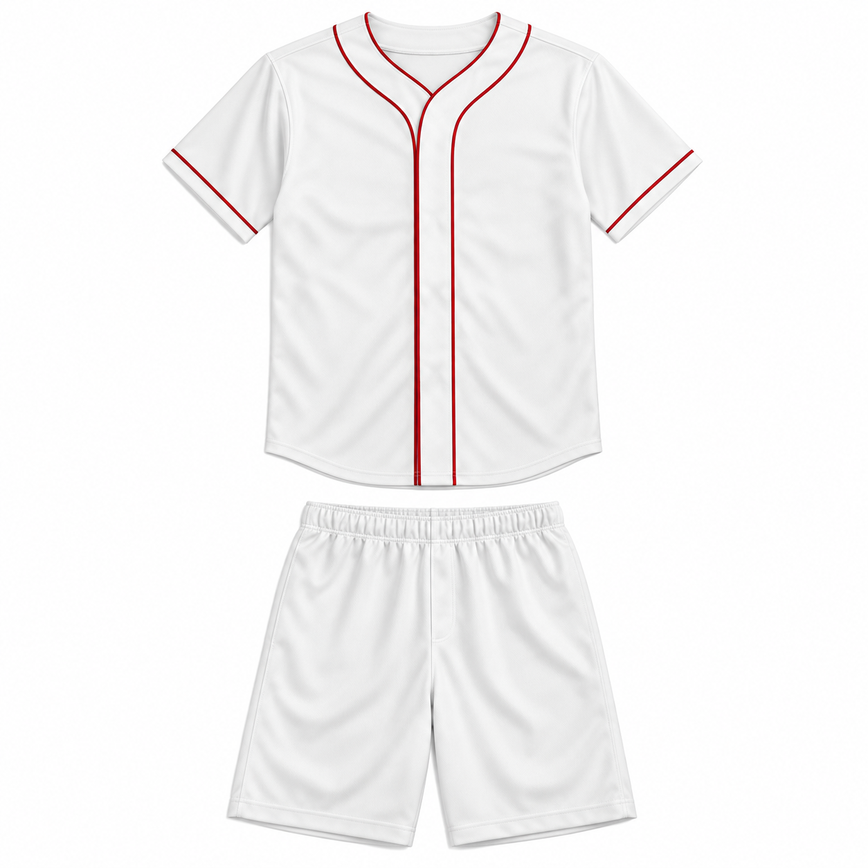 Plain Polyester Baseball Shirt & Shorts Set – White with Red Piping