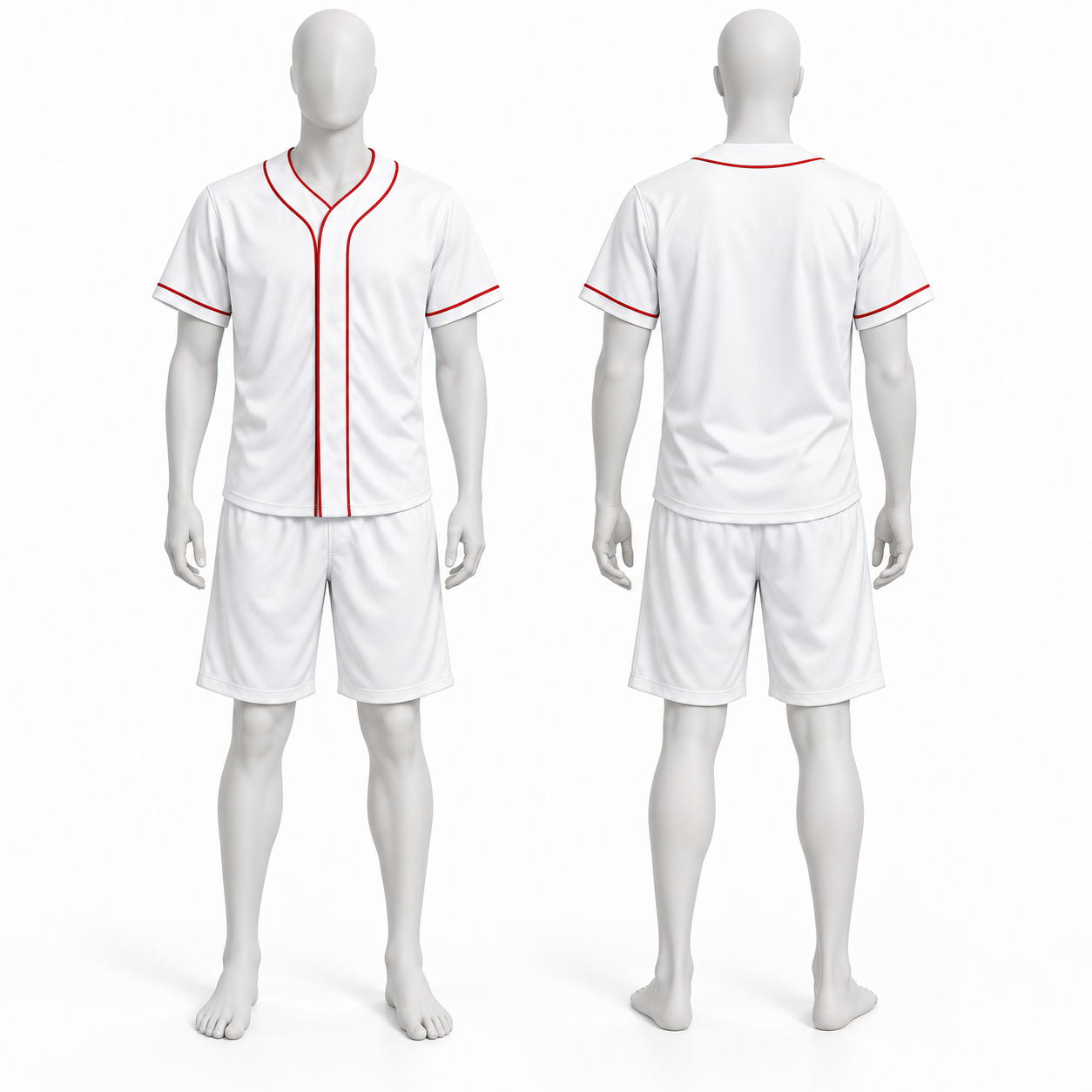 Plain Polyester Baseball Shirt & Shorts Set – White with Red Piping image 2
