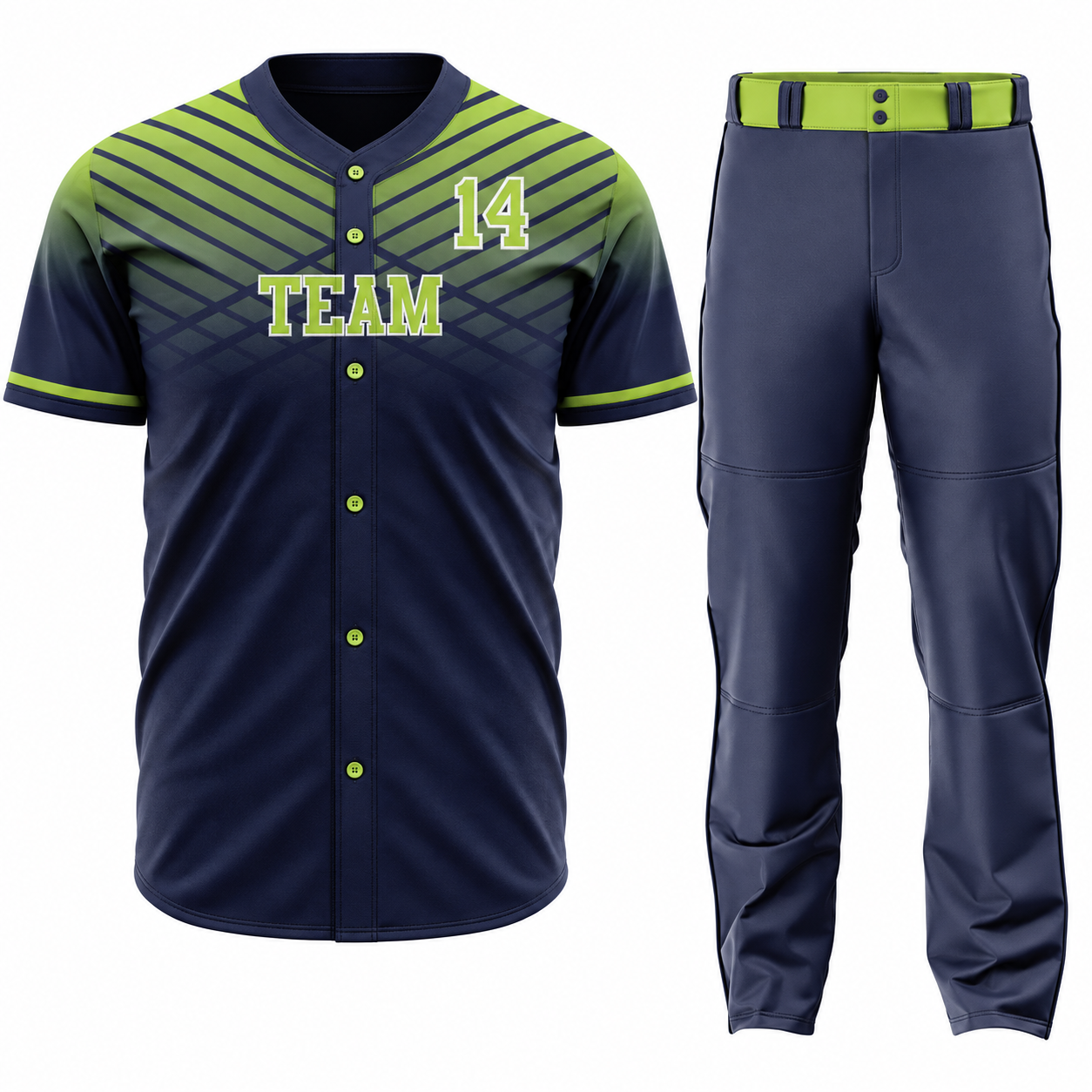 Custom Polyester Baseball Uniform – Navy & Lime Geometric Jersey with Pants