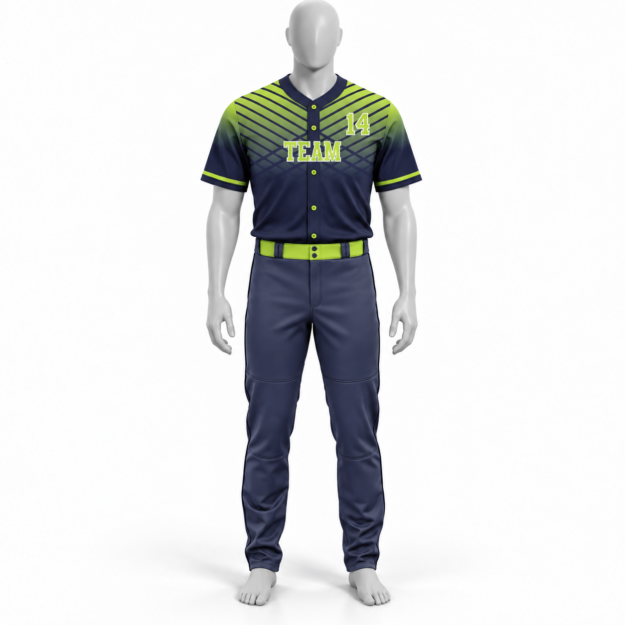 Custom Polyester Baseball Uniform – Navy & Lime Geometric Jersey with Pants image 2