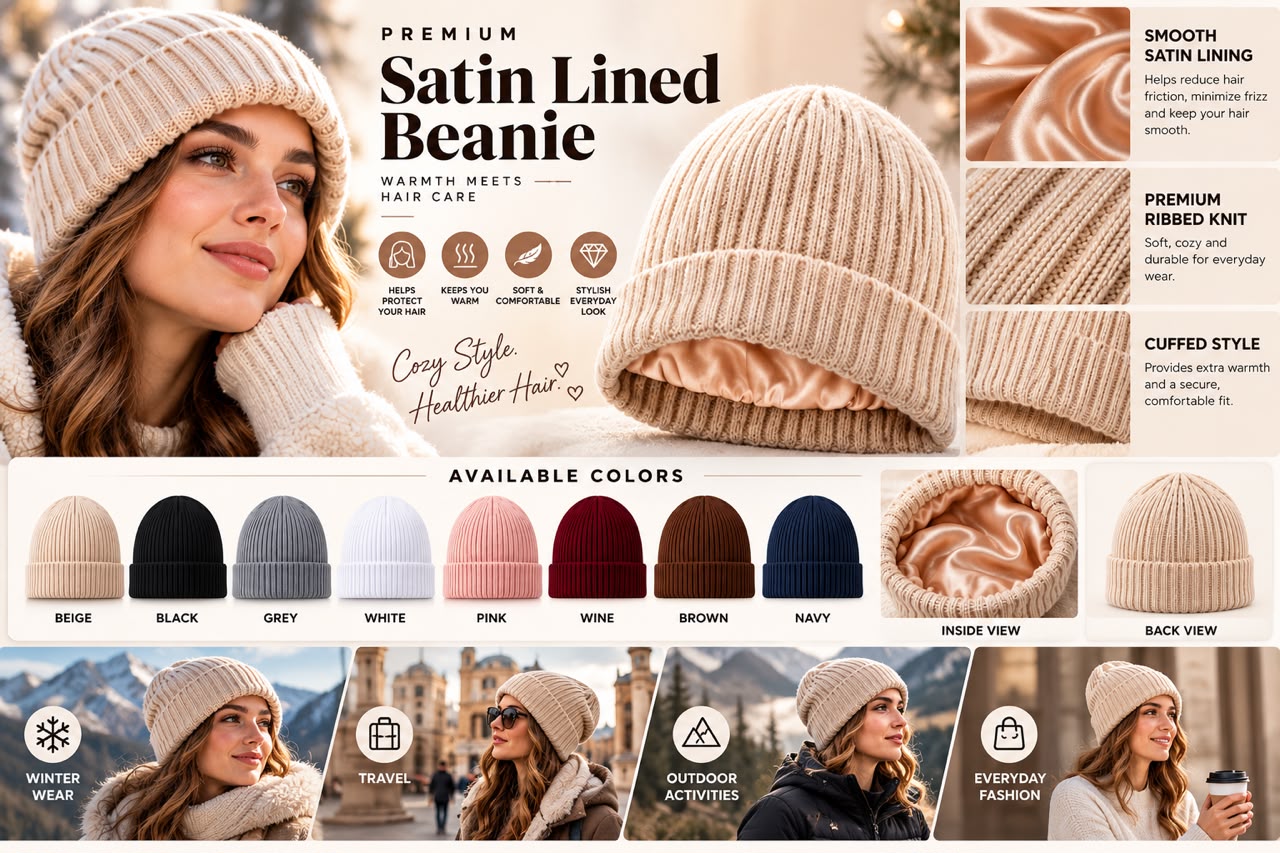 Premium Satin Lined Ribbed Knit Beanie Soft Cuffed Winter Hat