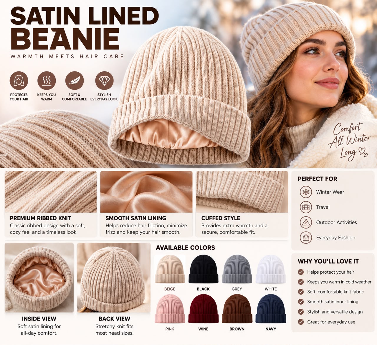 Premium Satin Lined Ribbed Knit Beanie Soft Cuffed Winter Hat image 2