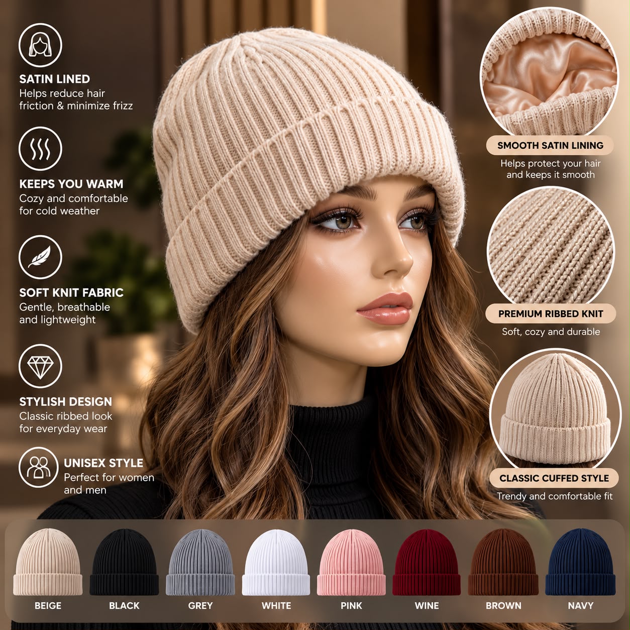 Premium Satin Lined Ribbed Knit Beanie Soft Cuffed Winter Hat image 3