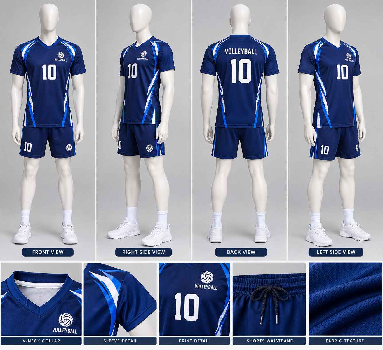 Premium Polyester Micro Mesh Volleyball Uniform Set – Navy Blue Jersey & Shorts | Number 10
