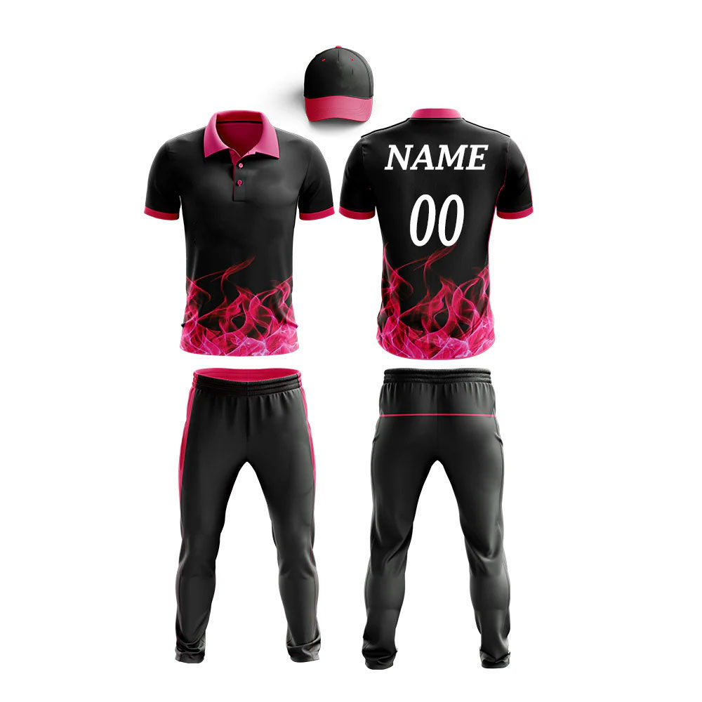 Custom Black & Pink Cricket Uniform Set with Polo Shirt, Trousers & Cap