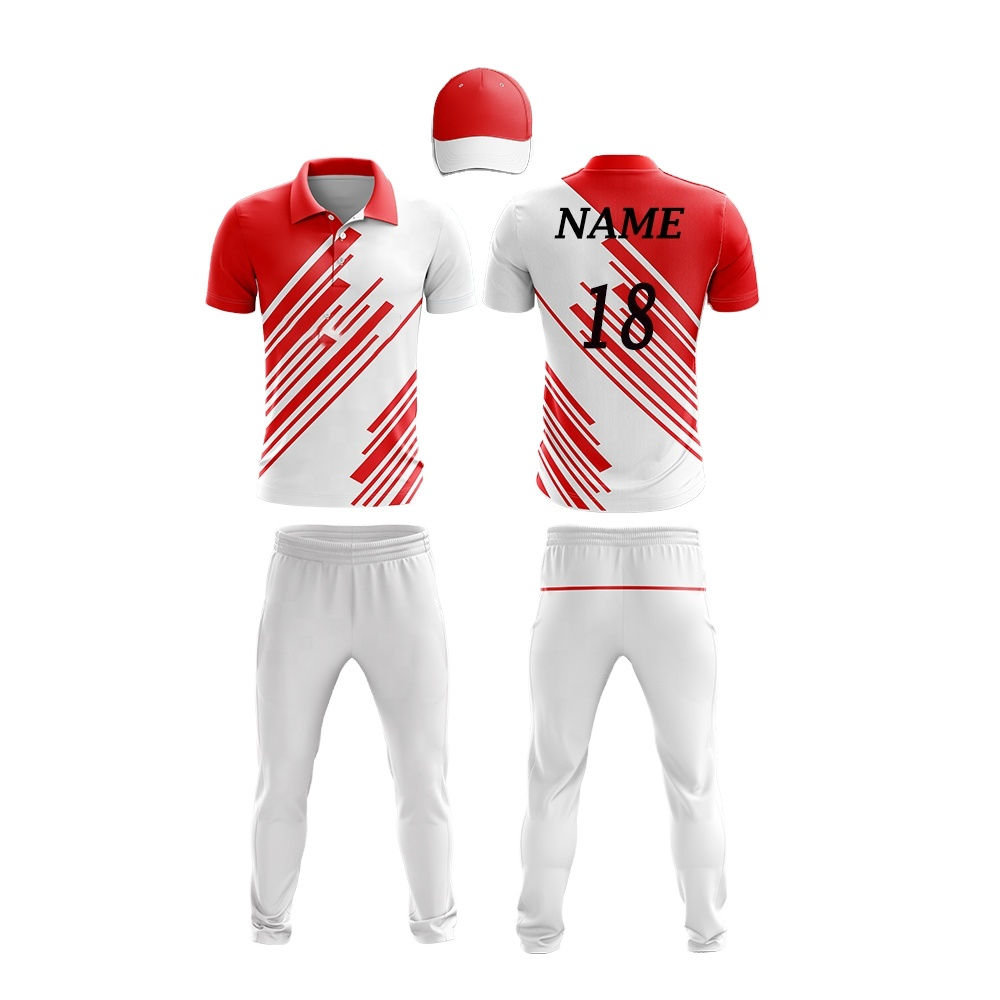 Custom Red & White Cricket Uniform Set with Polo Shirt, Trousers & Cap