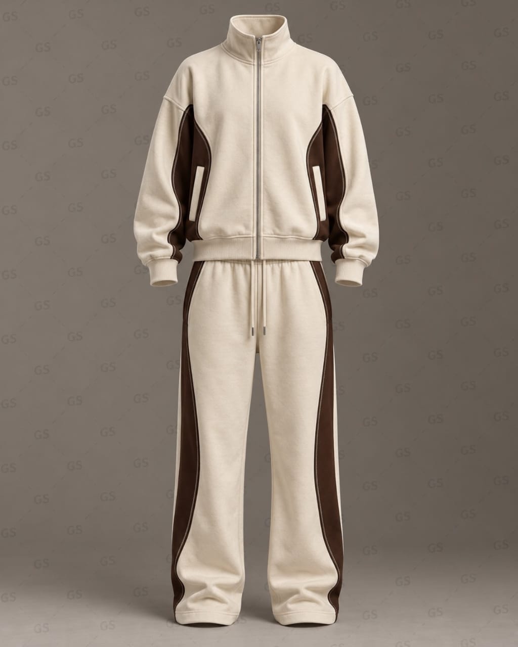 Custom Cream & Brown Colorblock Tracksuit – Private Label Two-Piece Set