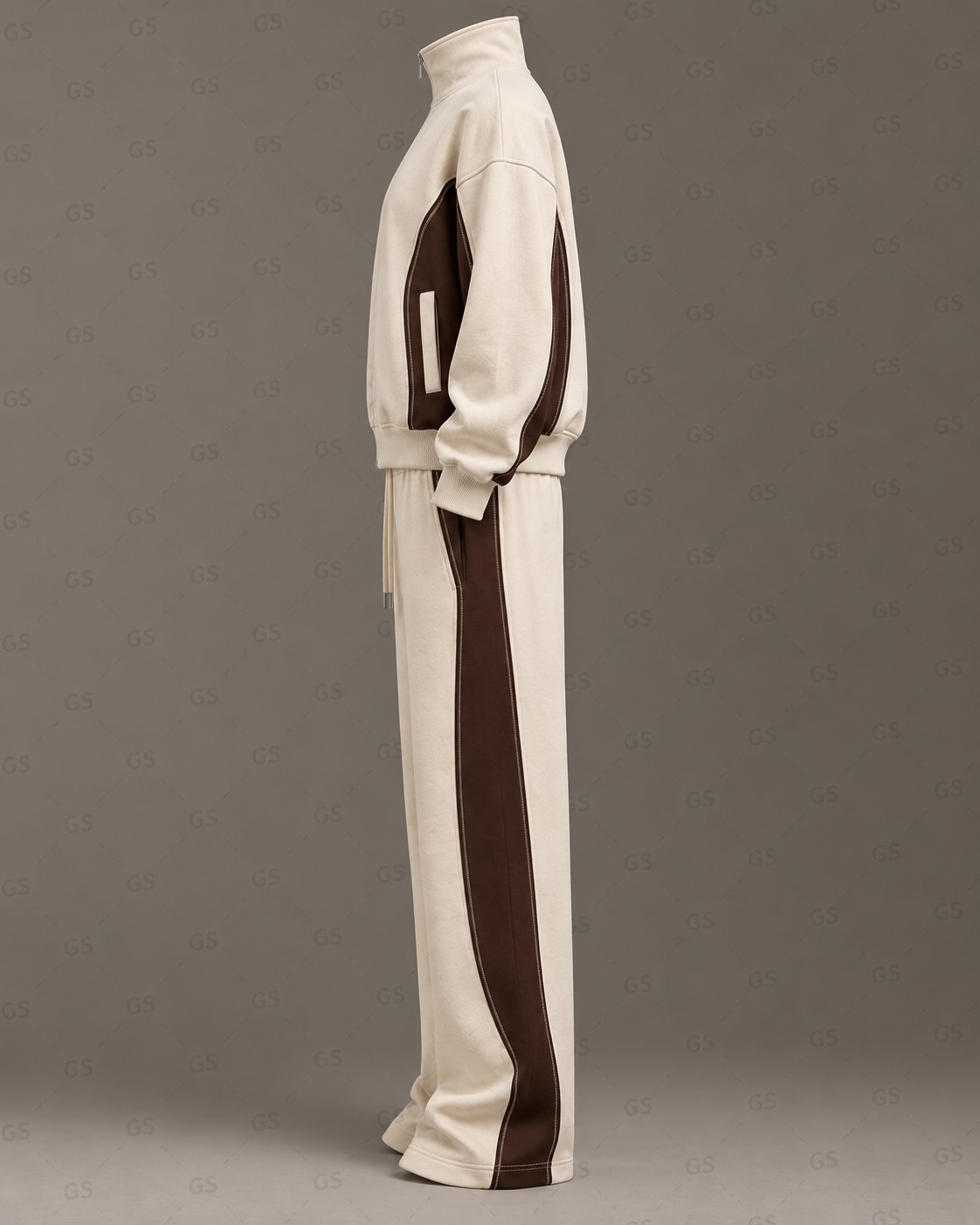 Custom Cream & Brown Colorblock Tracksuit – Private Label Two-Piece Set image 3