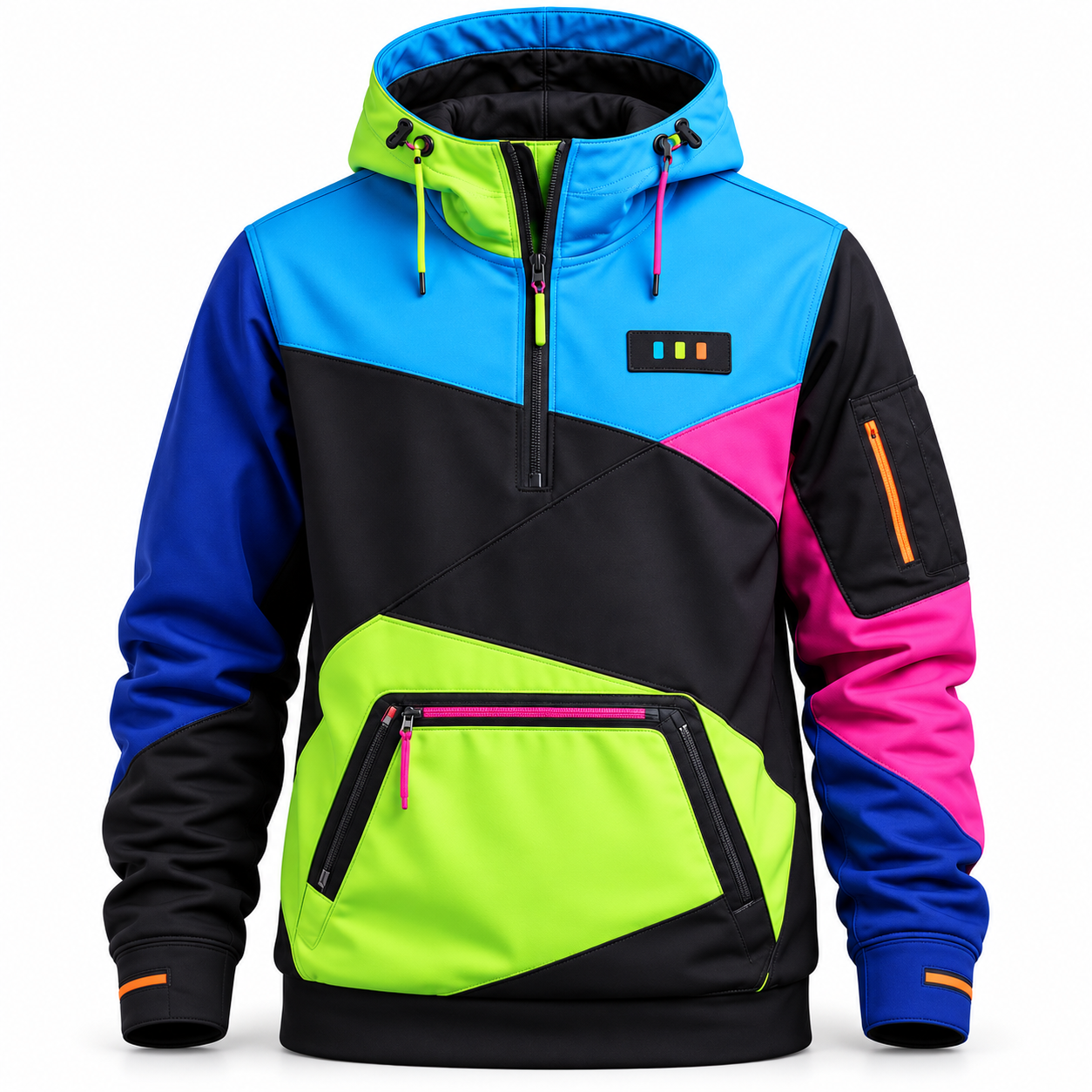 Men’s Retro Neon Techwear Hoodie – Half-Zip Windproof Streetwear Pullover