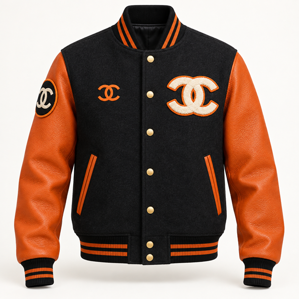 Custom Orange Leather Sleeve Varsity Jacket with Chenille Patches | Wholesale & Private Label