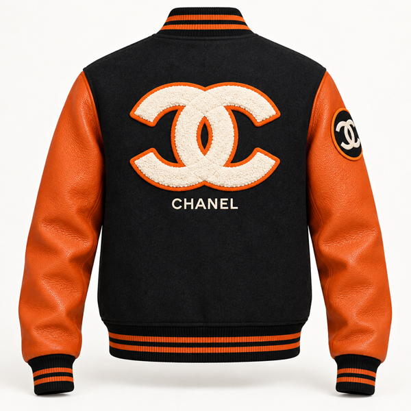 Custom Orange Leather Sleeve Varsity Jacket with Chenille Patches | Wholesale & Private Label image 2