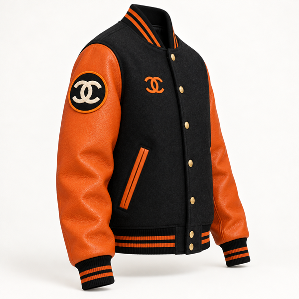Custom Orange Leather Sleeve Varsity Jacket with Chenille Patches | Wholesale & Private Label image 3