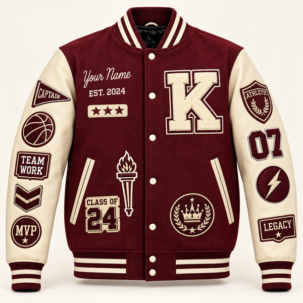 Custom Burgundy & Cream Varsity Jacket with Chenille Patches