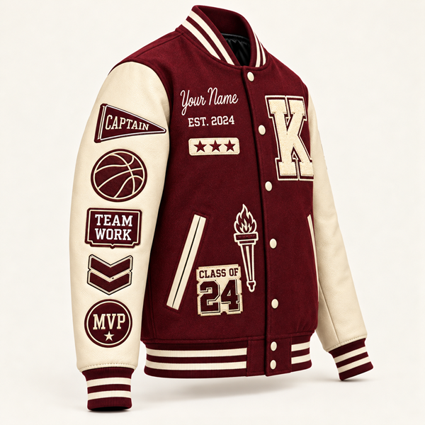 Custom Burgundy & Cream Varsity Jacket with Chenille Patches image 3